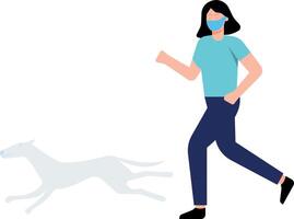 un' ragazza indossare un' maschera corre dopo sua animale domestico. vettore