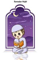 ragazzo musulmano felice che legge un corano all'illustrazione del fumetto di notte del ramadan vettore