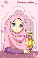 bella ragazza con lanterna all & # 39; illustrazione del fumetto di ramadan mubarak vettore