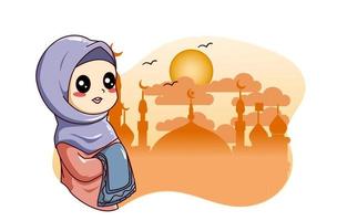 piccola ragazza musulmana sveglia con la moschea all'illustrazione del fumetto del kareem del ramadan vettore