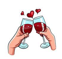 coppia in amore due mani tintinnanti bicchieri di vino rosso vettore