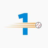 iniziale lettera 1 baseball logo con in movimento baseball icona vettore