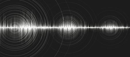 onda sonora digitale bianca scala richter bassa e alta con vibrazione del cerchio su sfondo nero, tecnologia e concetto di diagramma delle onde del terremoto, design per studio musicale e scienza, illustrazione vettoriale. vettore