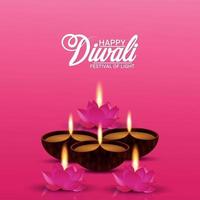 disegno del festival di diwali con diya olio bruciante e candela di fiori di loto vettore