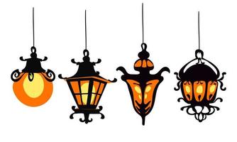 un' impostato di decorativo sospeso strada luci. nero giardino lampade nel diverso stili di arte nuovo, classico, minimalismo. strada lampada. un vecchio stile metallo lampada. vettore illustrazione per Halloween arredamento