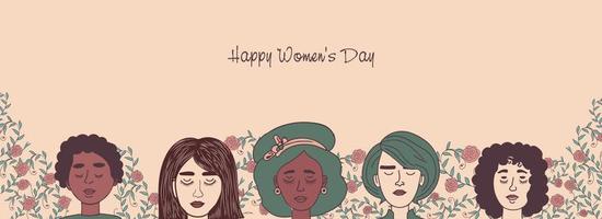 contento Da donna giorno bandiera design con gruppo di giovane donne facce su floreale decorato sfondo. vettore