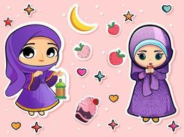 etichetta stile carino Due musulmano ragazze personaggio Tenere lanterna con bicchiere e fragola, Cupcake e stelle, cuori su rosa sfondo. eid o Ramadan Festival concetto. vettore
