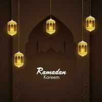 io esso candele dentro Arabo d'oro lanterne, e moschea silhouette su Marrone sfondo per islamico santo mese di Ramadan kareem occasione. vettore