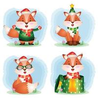 una simpatica collezione di personaggi natalizi di volpe con cappello, giacca, sciarpa e confezione regalo vettore