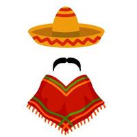 poncho. rosso e arancia messicano mantello. nazionale vestire. latino costume. sombrero cappello e baffi. piatto cartone animato isolato su bianca vettore