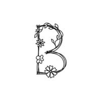 primavera floreale vintage grassetto lettera b logo. vettori di design classico con lettere estive con colore nero e fiori disegnati a mano con fiori di linea monoline