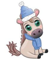 carino cavallo, pony nel Babbo Natale cappello con caramella Kane, Natale sfera, regalo, ghiaccio pattinando. inverno, Natale vettore