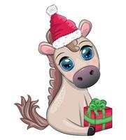 carino cavallo, pony nel Babbo Natale cappello con caramella Kane, Natale sfera, regalo, ghiaccio pattinando. inverno, Natale vettore