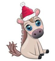 carino cavallo, pony nel Babbo Natale cappello con caramella Kane, Natale sfera, regalo, ghiaccio pattinando. inverno, Natale vettore