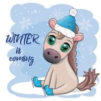 carino cavallo, pony nel Babbo Natale cappello con caramella Kane, Natale sfera, regalo, ghiaccio pattinando. inverno è In arrivo vettore