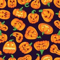 cartone animato divertente Halloween zucche con spaventoso facce senza soluzione di continuità modello. carino raggiante arancia zucca, autunno vacanza decorazione vettore sfondo