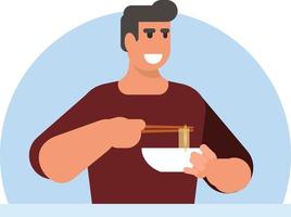 illustrazione di un' uomo mangiare tagliatelle vettore