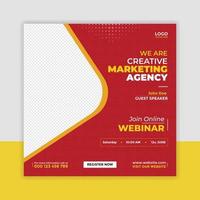 webinar live di marketing digitale e modello di post sui social media aziendali vettore