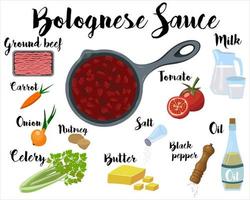 un' cucina manifesto con un' ricetta per fabbricazione bolognese salsa. vettore illustrazione su un' bianca sfondo.