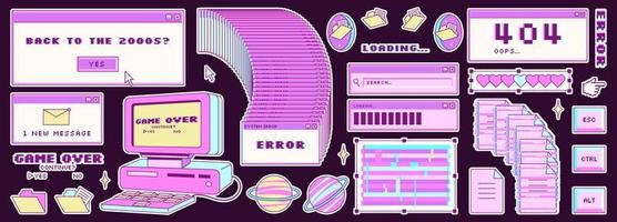 grande etichetta impostato nel di moda y2k stile. vecchio computer estetico. retrò pc elementi, utente interfaccia. nostalgia per 1990 -2000. problema tecnico effetto elementi. vettore illustrazioni.