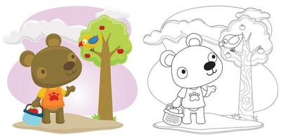 vettore cartone animato di poco orso con uccello raccolta frutta, colorazione libro o pagina