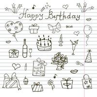 elementi di compleanno. set disegnato a mano con torta di compleanno, palloncini, regali e attributi festivi. bambini disegno collezione doodle, isolato su sfondo bianco vettore