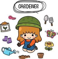 illustrazione isolato impostato cartone animato giovane sorridente donna giardiniere vettore