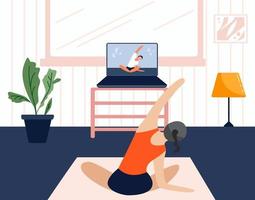 ragazza esercizio a casa e Guardando in linea tutorial su il computer portatile. moderno illustrazione di un' donna fare yoga nel il vivente camera. quarantena vettore