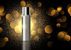 Bottiglia cosmetica vuota su sfondo di visualizzazione glitter oro vettore