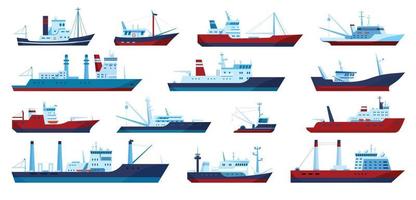 pesca Barche. commerciale pesca trawler yacht, pescatore nave, pescatore barca. piatto marino pesce attraente navi, mare mezzi di trasporto vettore impostato