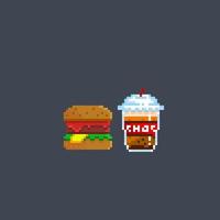 hamburger e bevanda nel pixel arte stile vettore