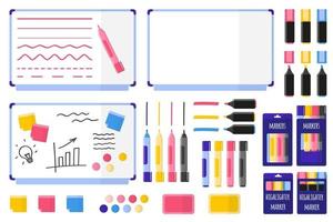 set di illustrazioni vettoriali di cartone animato con lavagna magnetica, pennarelli colorati, spugna, adesivi, magneti su sfondo bianco