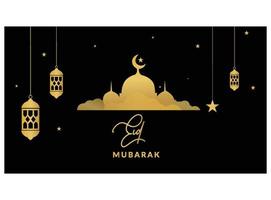 vettore illustrazione di saluto per eid mubarak testo si intende eid mubarak, d'oro brillante stella, Luna, concetto per festivo sfondo. eid mubarak sfondo. musulmano ornamentale d'oro stelle e Luna vettore.