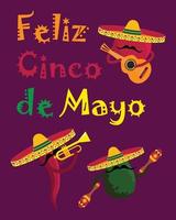 vettore illustrazione. felice cinco de mayo - contento quinto di Maggio - saluto carta o manifesto con scritte, musicisti e sombrero cappelli