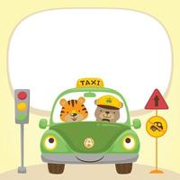 vettore cartone animato di orso e tigre su auto con traffico segni, testo modello per invito carta