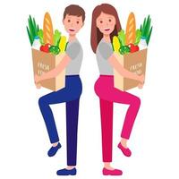 illustrazione del fumetto di vettore con coppia che tiene i sacchetti della spesa di carta eco con cibo sano isolato su priorità bassa bianca