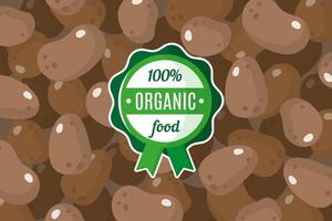 poster o banner vettoriale con illustrazione di sfondo di patate marroni e etichetta verde rotonda di alimenti biologici