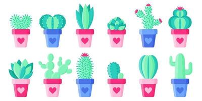 impostare vasi di fiori con cactus e piante grasse per il matrimonio o il giorno di San Valentino. vettore