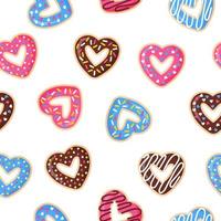 seamless con ciambelle a forma di cuore con glassa rosa, blu e cioccolato. vettore
