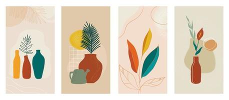 storie di social media set di sfondi moderni astratti con piante in vaso. combinazioni di colori pastello, forme e palme tropicali, foglie, linee. vettore