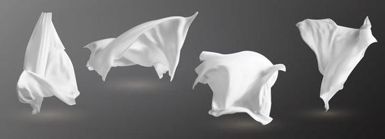 set di panni bianchi svolazzanti realistici, materiale trasparente leggero e morbido isolato su sfondo scuro illustrazione vettoriale