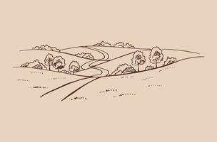 paesaggio rurale con strada e albero. illustrazione disegnata a mano convertita in vettore. vettore