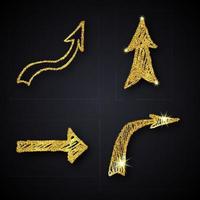 oro luccichio mano disegnato freccia. impostato di quattro scarabocchio frecce con oro luccichio effetto su buio sfondo. vettore illustrazione