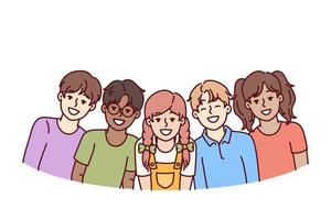 contento diverso bambini studenti nel junior scuola sorridente gioia a opportunità per comunicare con gli amici. bambini adolescenti di diverso gare e nazionalità ridere godendo comunicazione vettore