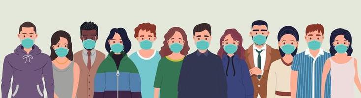 gruppo di persone indossare protettivo medico maschere per protezione a partire dal virus. prevenzione e sicurezza procedure concetto. piatto stile vettore illustrazione