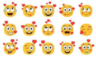 emoticon nel amore impostare. collezione di giallo cartone animato emoji con cuori isolato su bianca sfondo. vettore illustrazione