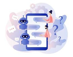 concetto di chatbot. assistente robot ai, assistenza clienti online. piccole persone che chattano con l'applicazione chatbot. moderno stile cartone animato piatto. Illustrazione vettoriale su sfondo bianco