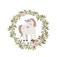 mano disegnato carino unicorno con fiori telaio isolato su bianca sfondo. Magia corno vettore illustrazione. design per invito, manifesti, carte, parete arte stampe e Abiti.