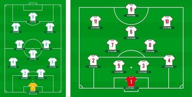 formazione della squadra di calcio. campo di calcio o di calcio con 11 magliette con illustrazione vettoriale numeri. formazione di calcio