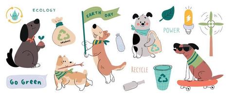 contento terra giorno concetto, 22 aprile, carino cane vettore. Salva il terra con diverso cane razze e riciclare elemento. eco amichevole animale domestico illustrazione design per ragnatela, striscione, campagna, sociale media inviare. vettore